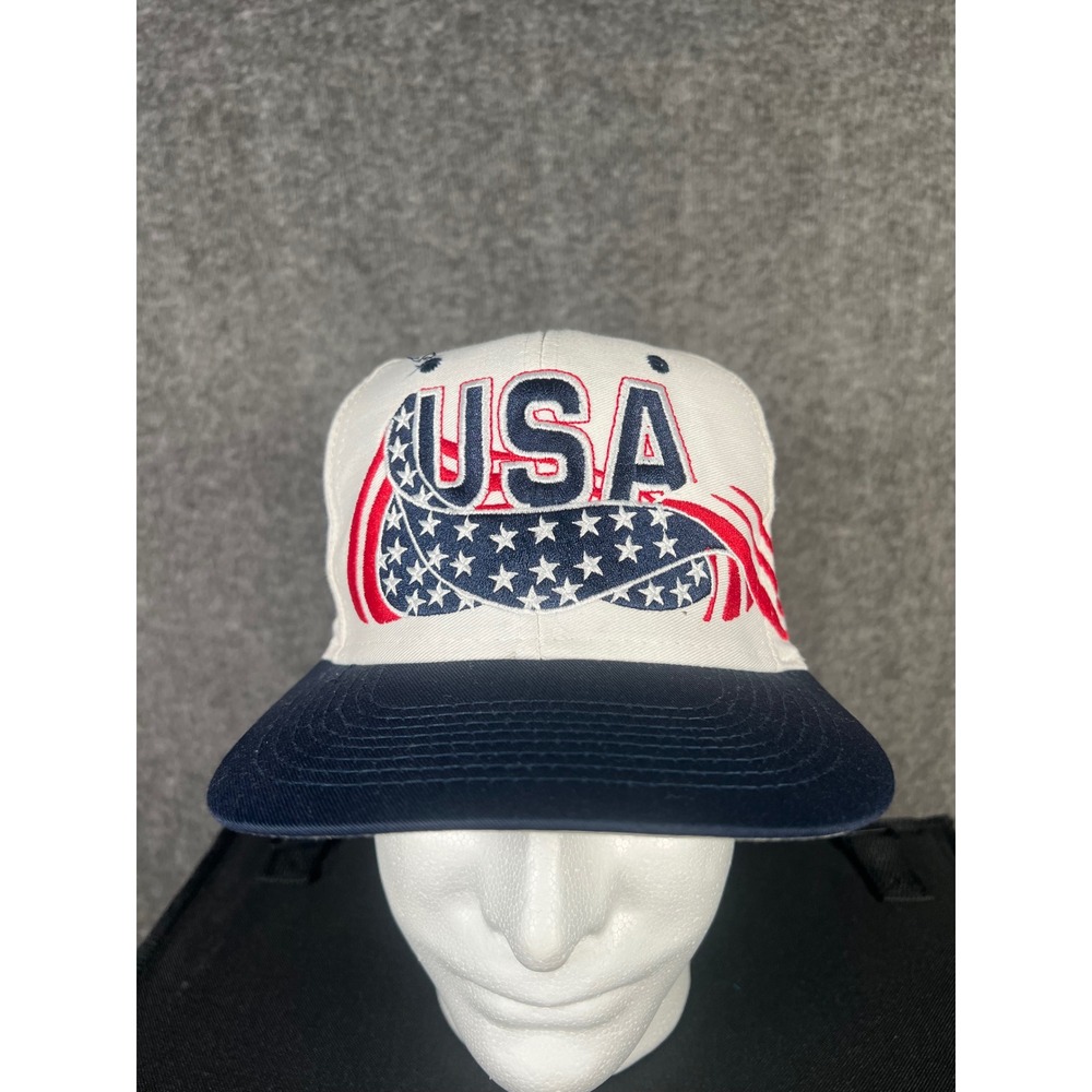 Vintage 90s USA Olympics Logo 7 Snapback Hat Atlanta 1996 Embroidered White Navy